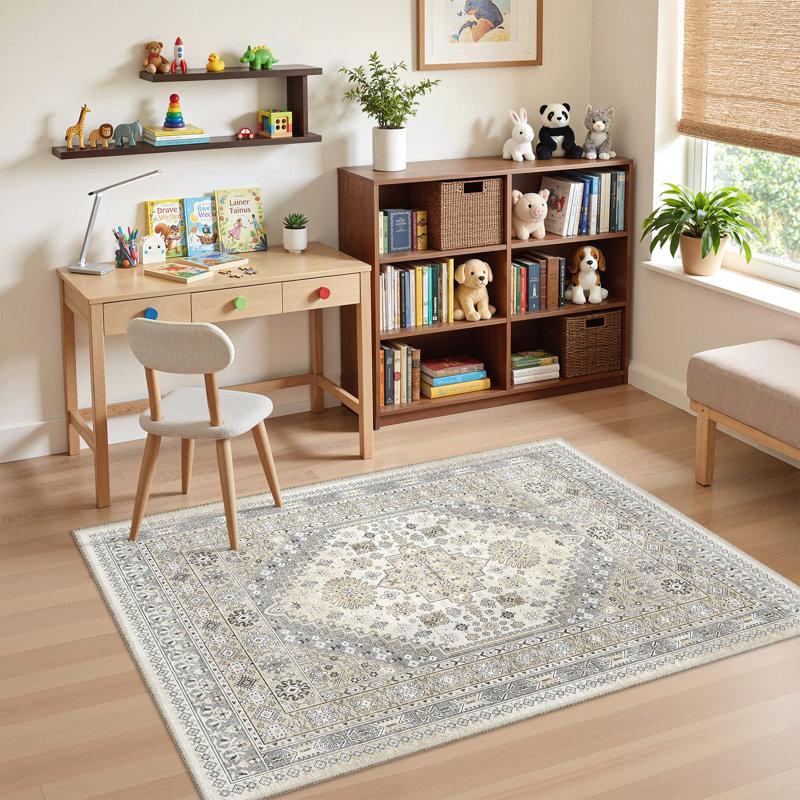 Rectangle Geometric and Abstract Area Rug, Beige/Grey, Rectangle 80 x 150cm