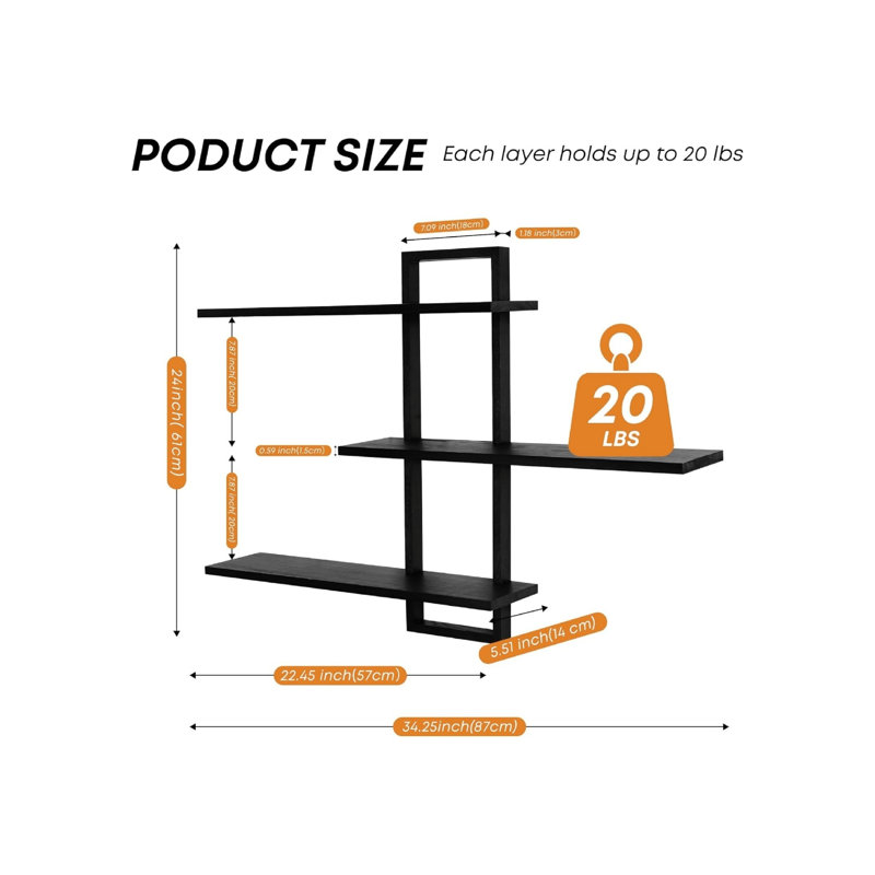 57 cm W Solid Wood Wall Mounted Shelving Unit, Matte Black