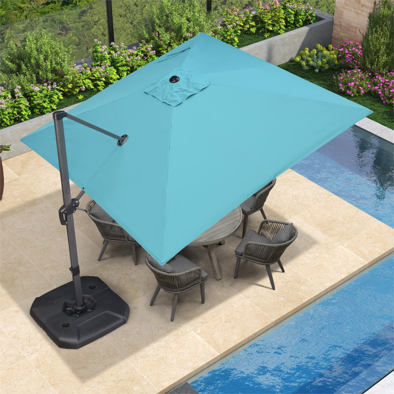 10' Square Large Cantilever Umbrella with Base and 60-degree Rotation, Turquoise Blue