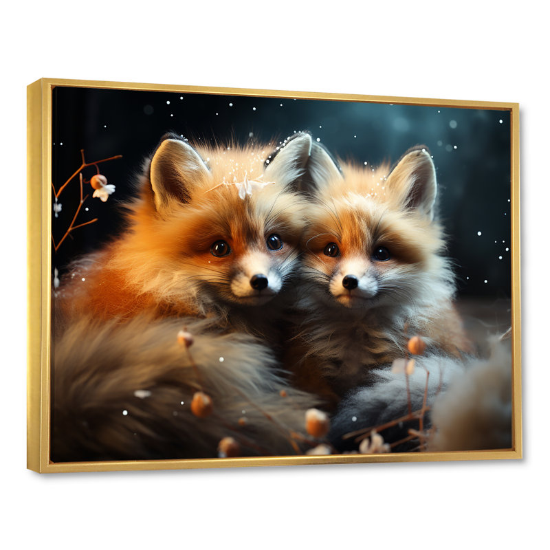 Printemps, renards mignons, regard II - renard, art mural animal, H 34 po x l 44 po x P 1,5 po, Cadre flottant doré