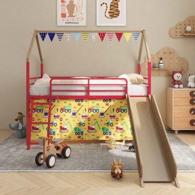 Metal Junior House Twin Loft Bed With Slide And Curtain Set And Pennant Banner Flag And Star Stickers