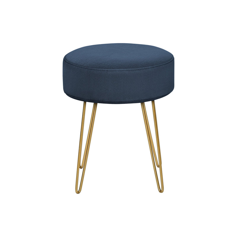 14" Velvet And Gold Round Ottoman, Blue