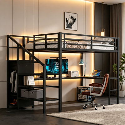 Metal Loft Bed With L-Shaped Desk, Heavy-Duty Metal Bed With Charging Station, LED Light And Full-Length Guardrail, Multi-Functional Loft Bed , Black Metal Loft Bed For Bedroom, Dorm
