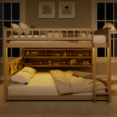 Modern Wooden Bunk Beds With Storage And Color-changing Lights, Ideal For Family And Home