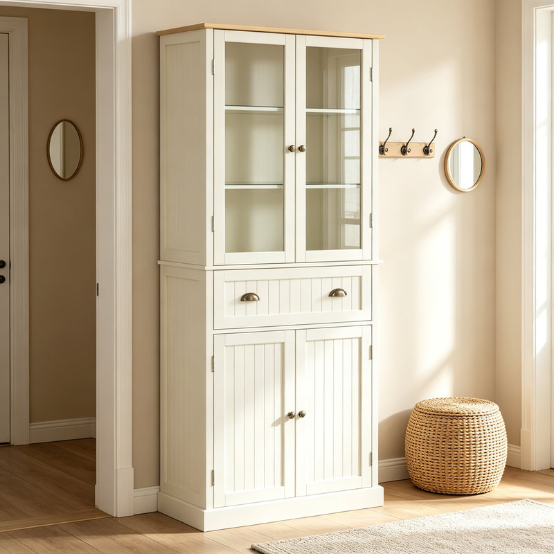 Freestanding Kitchen Cupboard, 5-tier Storage Cabinet with Adjustable Shelves and Drawer, Cream White