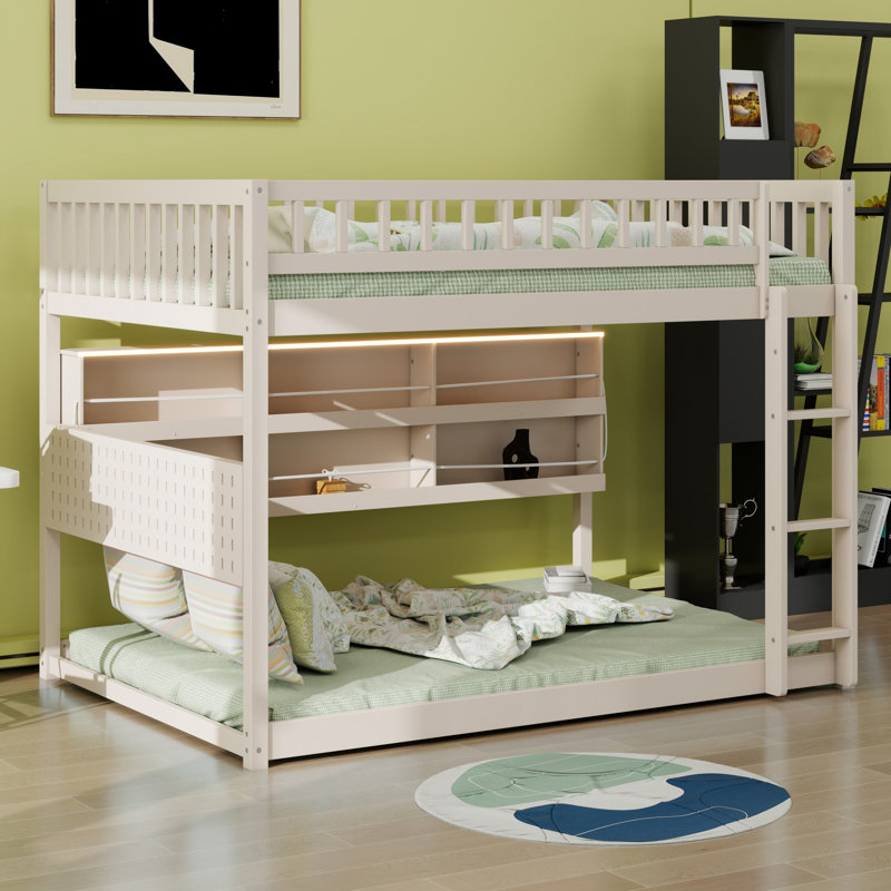 Lit superposé avec tablettes intégrées, lumières à changement de couleur et panneau perforé, Beige