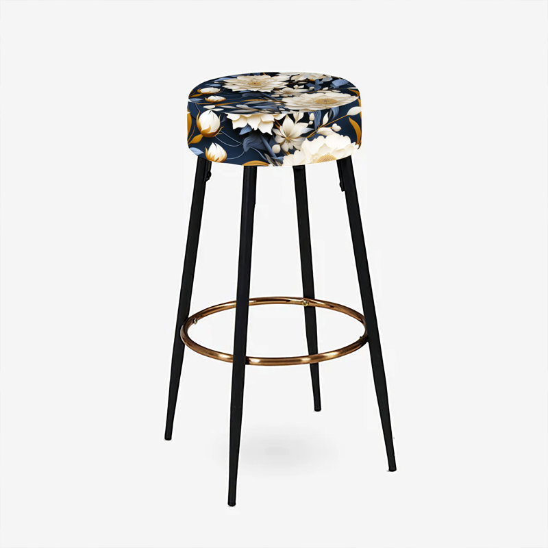 Ensemble de 2 tabourets de bar industriels à motif floral fusion ivoire et bleu