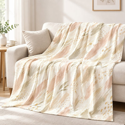 Plaid à motif aquarelle - Éclaboussures abstraites et feuilles, beige, rose poudré, vert sauge, touches dorées, léger, respirant, confortable en toutes saisons, doux pour la peau, lavable à la machine, élément décoratif pour canapé, salon et chambre.