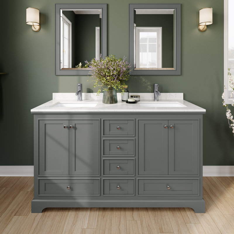 Ensemble de meuble-lavabo double 60 "avec miroir Deborah, Marbre de culture de Carrare, Gris foncé, Chrome poli