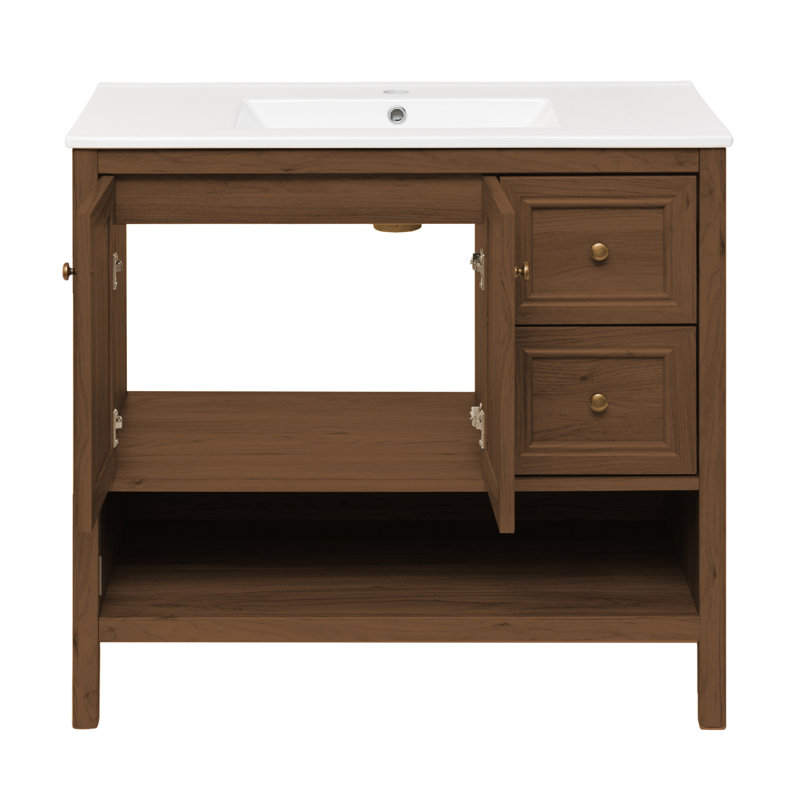 Chateau 36" Freestanding Bathroom Vanity in Brown Oak with Sink Top, White, Single-Hole, Brown Oak