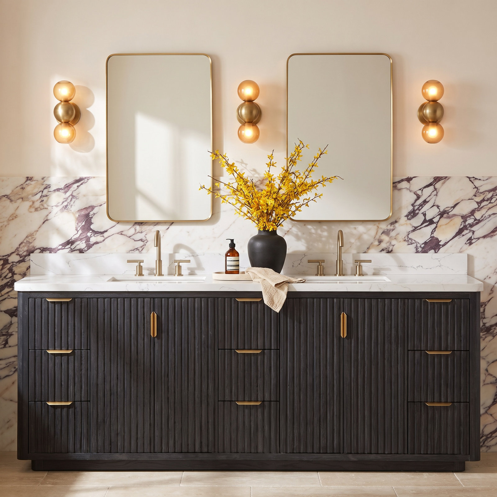 Adela 84'' Double Bathroom Vanity, Black, White, Gold