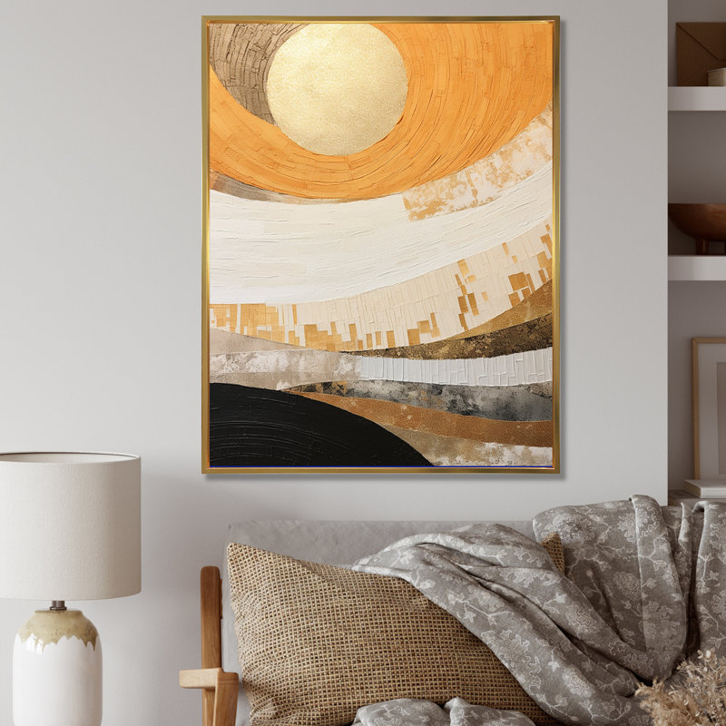 «Geometric Golden Beige Sunset Harmony II», reproduction sur toile, Cadre flottant doré, H 32 po x l 24 po x P 1 po