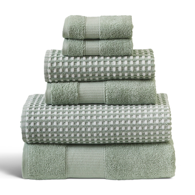 Modern Threads Drucilla 6-Piece 100% Combed Cotton Yarn Dyed Cobblestone Jacquard Towel Set, Mineral Green