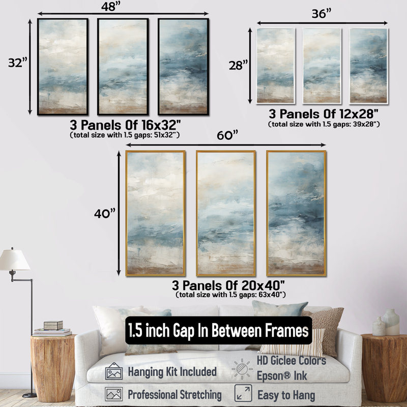 «Beige Blue Ocean Storm I», ensemble d'art sur toile à formes abstraites, H 32 po x l 48 po, Cadre flottant doré