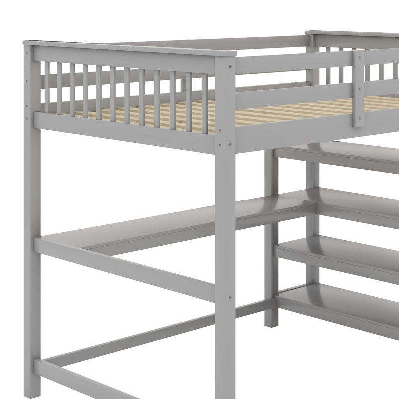 Full Size Loft Bed With Shelves And Desk, Gray