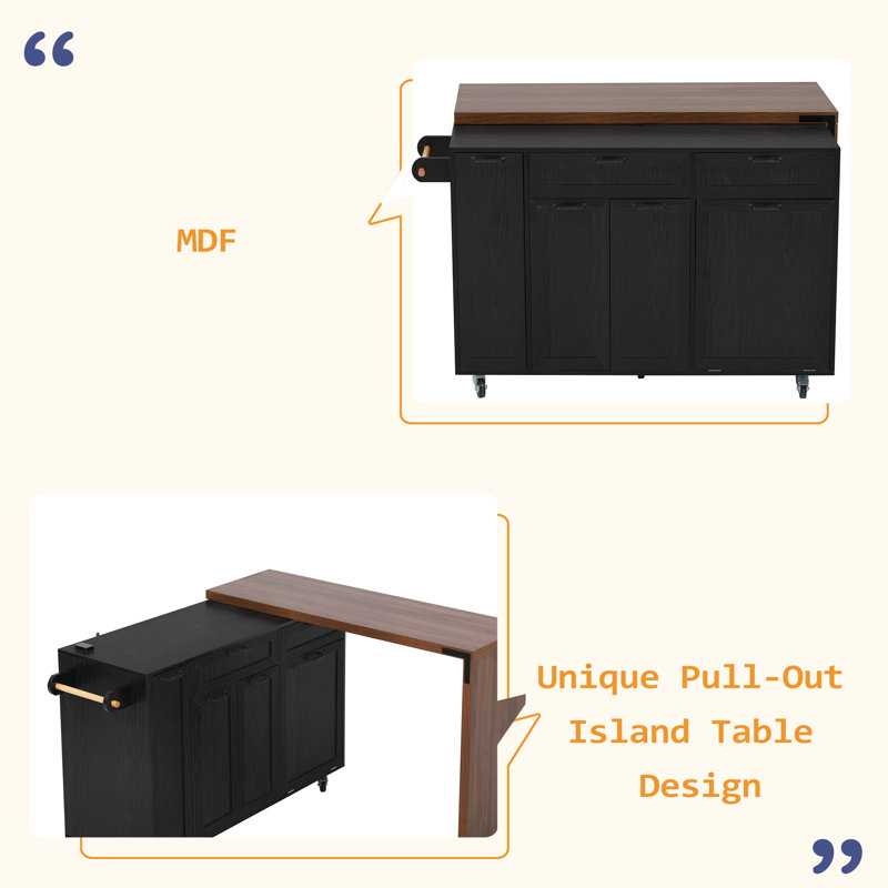 Îlot de cuisine 102,3 po avec table de salle à manger extensible, chariot d'îlot roulant avec armoire de rangement pour poubelles, support à épices coulissant à 3 niveaux, table d'îlot mobile sur roulettes pour la cuisine, la salle à manger