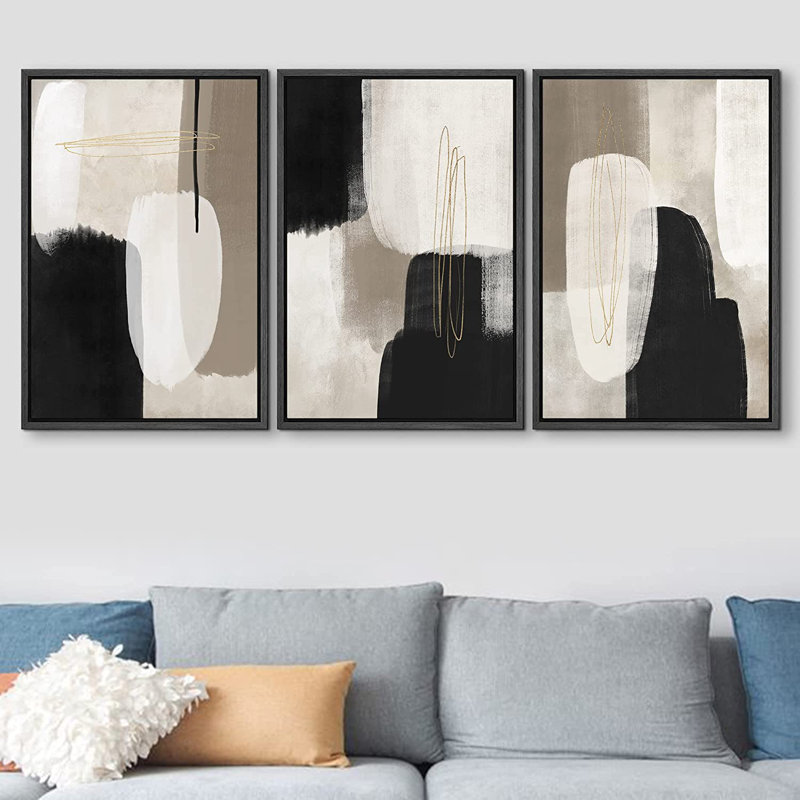 Ensemble de 3 peintures sur toile avec cadre flottant, Noir, H 24 po x l 32 po x P 1,5 po