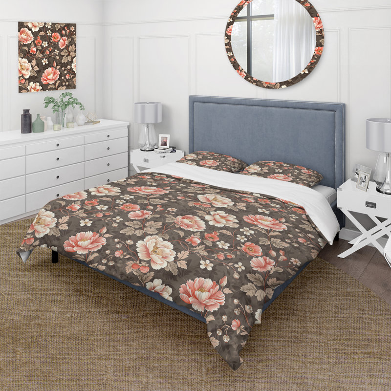 Ensemble de housse de couette Brown Garden, Housse de couette simple et deux taies décorative