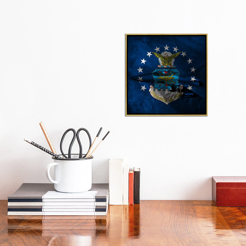 «Air-Force Flag», F-15, impression sur toile, H 12 po x l 12 po x P 1,5 po, Pas de tapis, Toile avec cadre doré