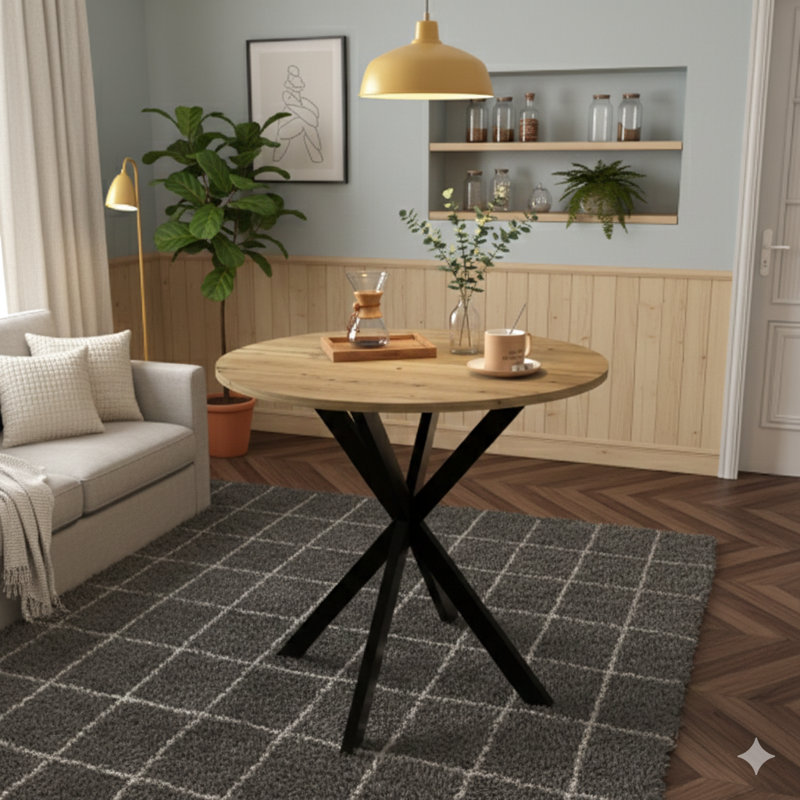 31.5-Inch Circular Dining Table, Compact Round Kitchen Table With Black Metal Supports For 2-4 Individuals, Modern Dining Room Table, Brown Finish (Table Only)