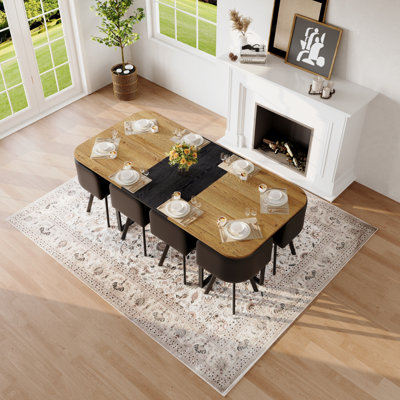 Ensemble de table de salle à manger 9 pièces rectangulaire, plateau de table en grain de bois bicolore fixe et triamine en bois noir avec 6 chaises en cuir de polyuréthane noir, ensemble de table de cuisine moderne pour 8 personnes, idéal pour les pet