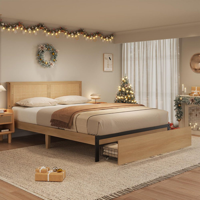 Full/Queen Bed Frame with Rattan Headboard, Platform Bed Frame, Mid Century Bed Frame with 2 Storage Drawers, Large Under-Bed Space, No Box Spring Needed, Easy Assembly