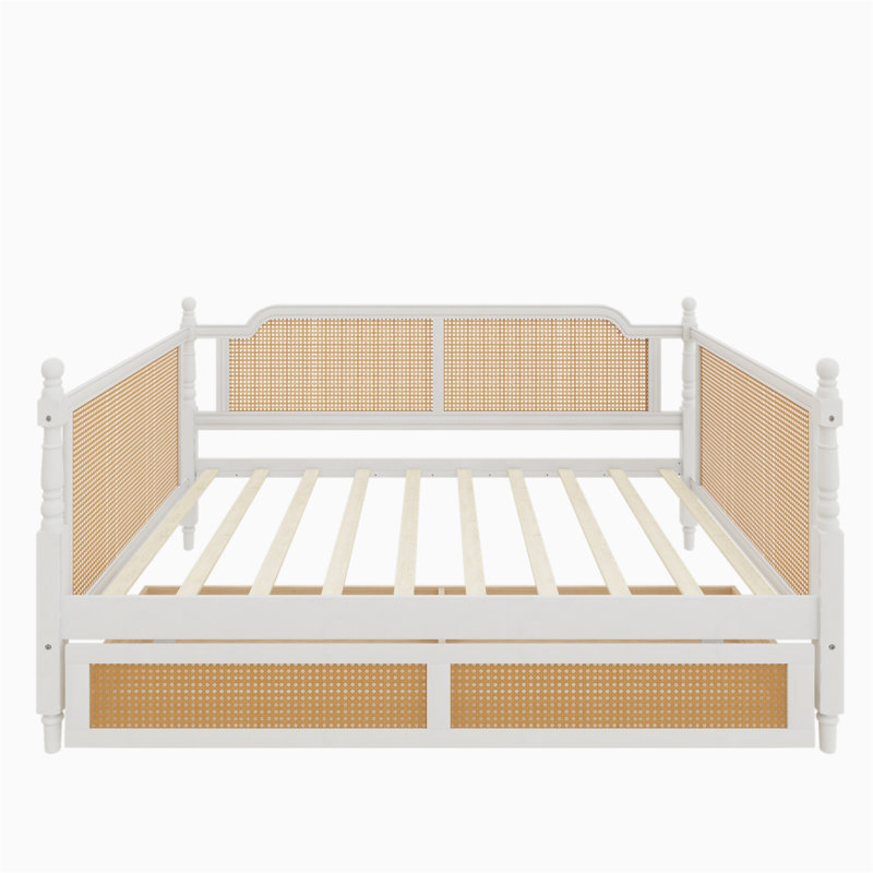 Traditional Style Rattan Daybed with 2 Drawers, Full / Double, White