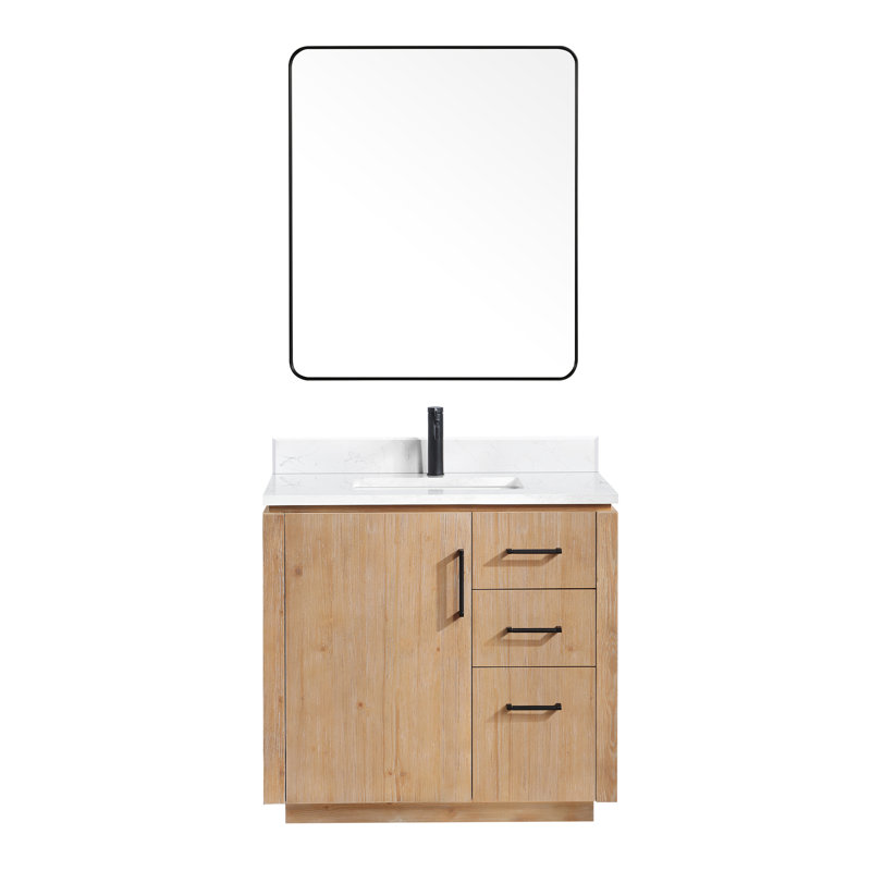 Ensemble de meuble-lavabo simple 36 po avec plateau en pierre et miroir Cloverfield, Bois de sapin brun, Noir mat