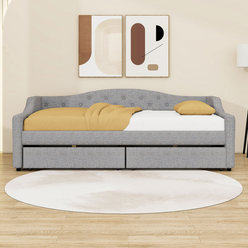 Twin XL Upholstered Daybed with Storage Drawers and LED Light, Gray