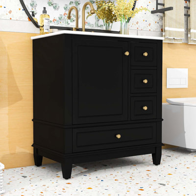 Meuble-lavabo simple autoportant élégant avec lavabo en céramique, porte à fermeture en douceur et grand espace de rangement