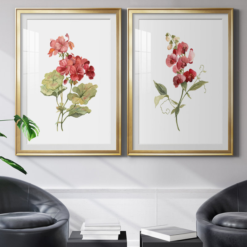Écarlate géranium - ensemble de 2 reproductions d'art, Blanc, Papier encadré doré, H 26,5 po x l 73 po x P 1,5 po