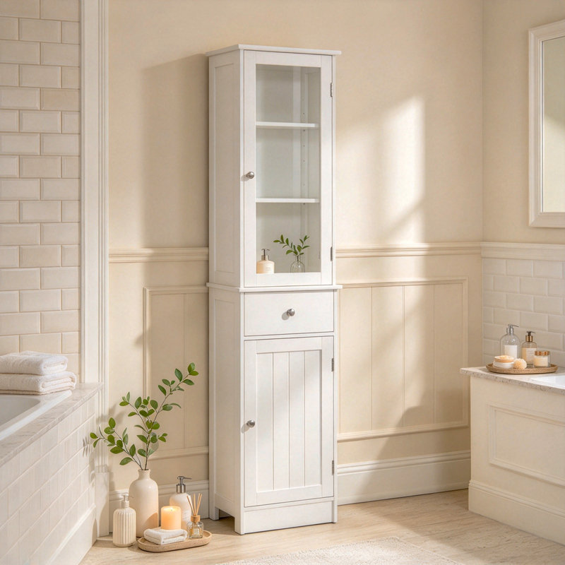 Armoire de rangement Kleankin, armoire de salle de bain haute, tour de lin étroite avec porte en acrylique, tiroir et tablettes, blanc