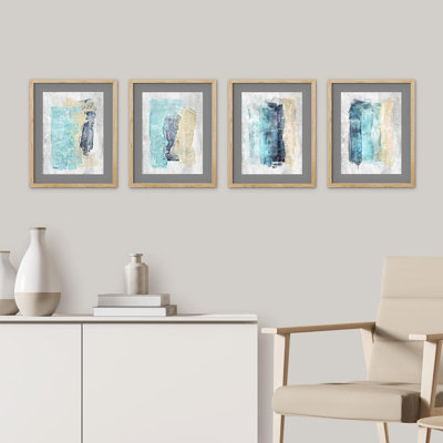 Pastel aquarelle bleu sarcelle jaune, coup de peinture jaune, ensemble de 4 impressions murales abstraites encadrées sur papier, impression de 4 pièces