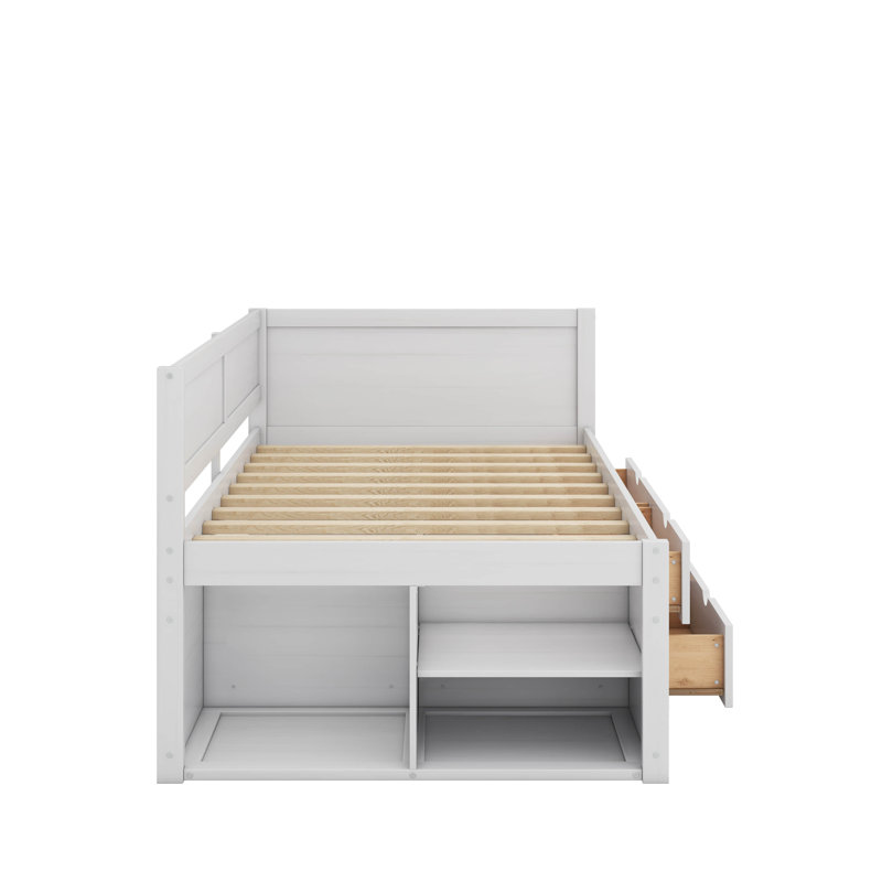 Lit de jour simple avec tablettes et tiroirs, Blanc