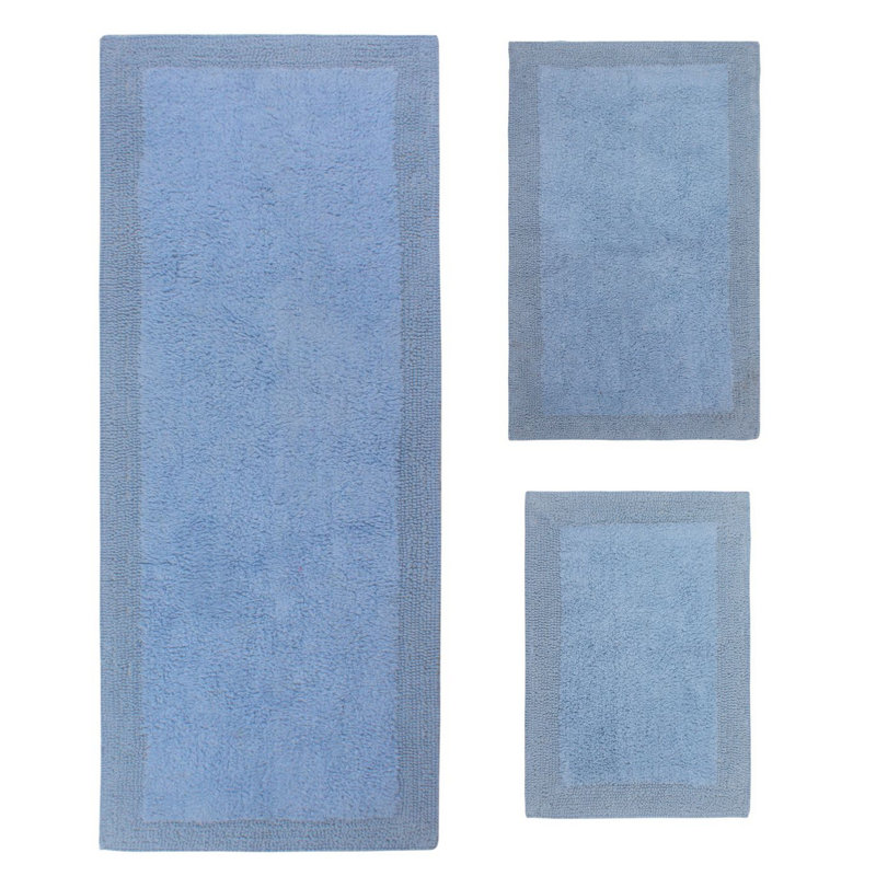 Tapis pour salle de bain réversible 100% coton bruxellois (ensemble de 3), Bleu