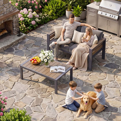 3 Piece Aluminum Patio Furniture Set, Outdoor Loveseat With Coffee Table & Cushions For Patio, Balcony