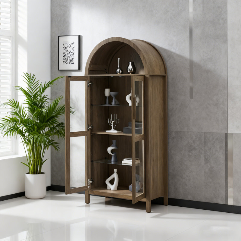 Armoire de rangement arquée avec lampe et cloisons en verre réglables, Browm
