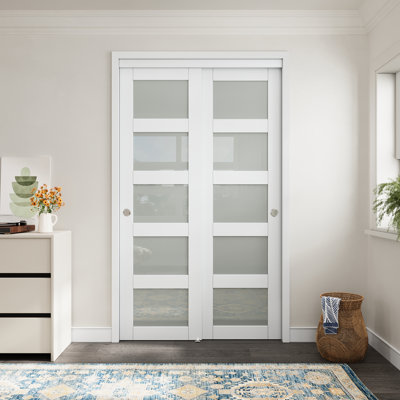 Porte coulissante 80 po en verre trempé blanc 5 Lite avec quincaillerie et poignées noires