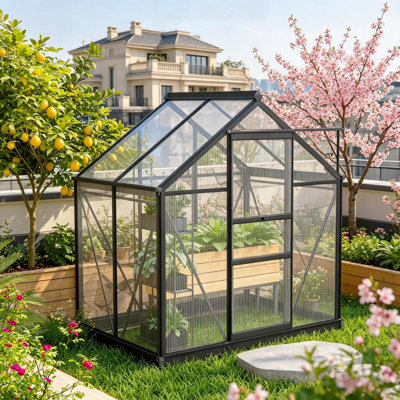Outdoor Aluminum Polycarbonate Greenhouse,6.2'X4.3'X6.6'  Heavy Duty Walk-In Green House Kit Vent Door