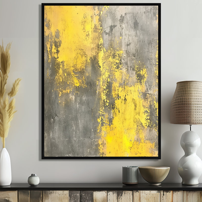 Vibrantechoes en jaune et gris - impression d'art abstrait mural, Cadre flottant noir, H 32 po x l 16 po x P 1 po