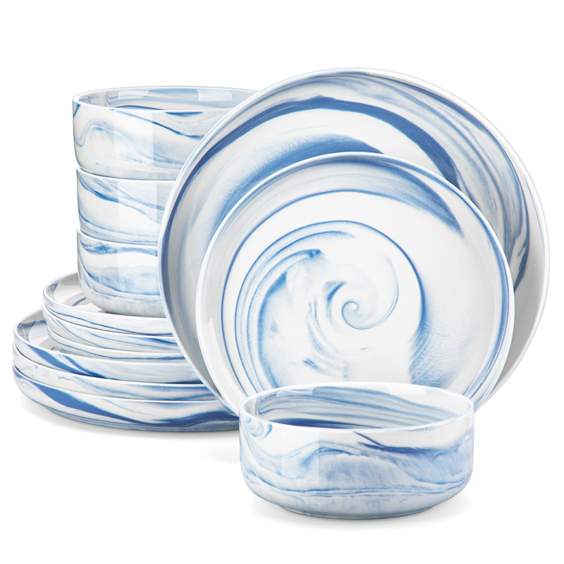 12 Pieces Dinnerware Set, Blue Set, Marble Grain, Round Plate And Bowl, Porcelain Dinnerware, Dinner Plates, Dessert Plates And Bowls For 4 Person