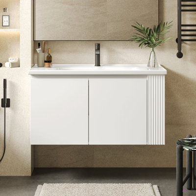 Meuble-lavabo mural polyvalent 36 po avec lavabo en céramique 36 po, portes flottantes à poignée libre et 2 tablettes latérales ouvertes, grand espace de rangement