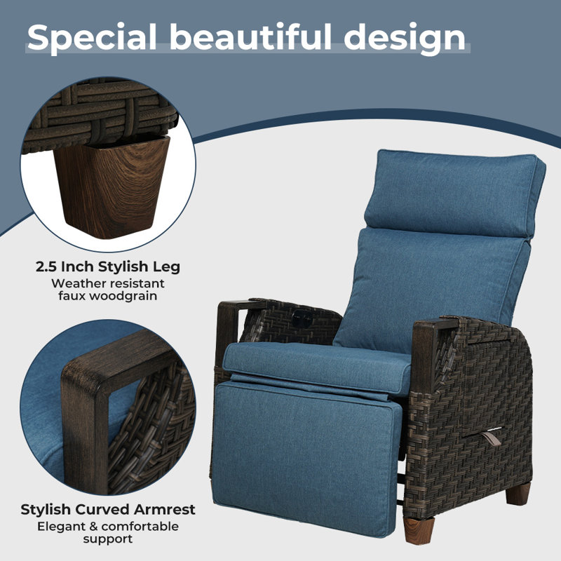 Garden Air Pump Lounge Chair with Cushion, Independent Back & Footrest Adjustment, Set of 2, Blue