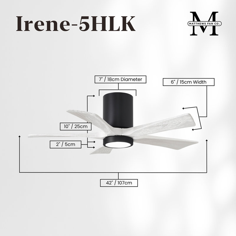 Ventilateur de plafond à 5 pales DEL avec ensemble d'éclairage inclus Irene, Noir mat, 42", Blanc mat