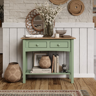 Wood Hall Table Console 2 Drawers Farmhouse Sage Green | 
