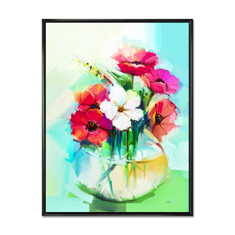 Fleurs de gerbera délicates aux couleurs pastel II - Peinture, H 32 po x l 16 po x P 1 po, Cadre flottant noir