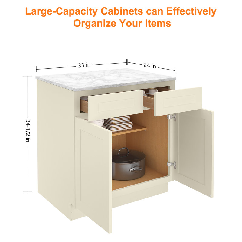 Plywood Ready to Assemble Kitchen Base Cabinets with 2-Drawers and Adjustable Shelf, 34.5" H x 33" W, Antique White