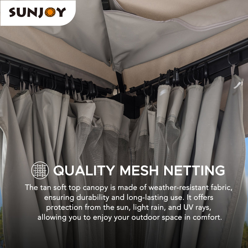 Sunjoy Soft Top Gazebo 11 ft. x 13 ft. Steel Gazebo with 2-Tier Hip Roof,Netting and Curtain,Metal Structure, Gray