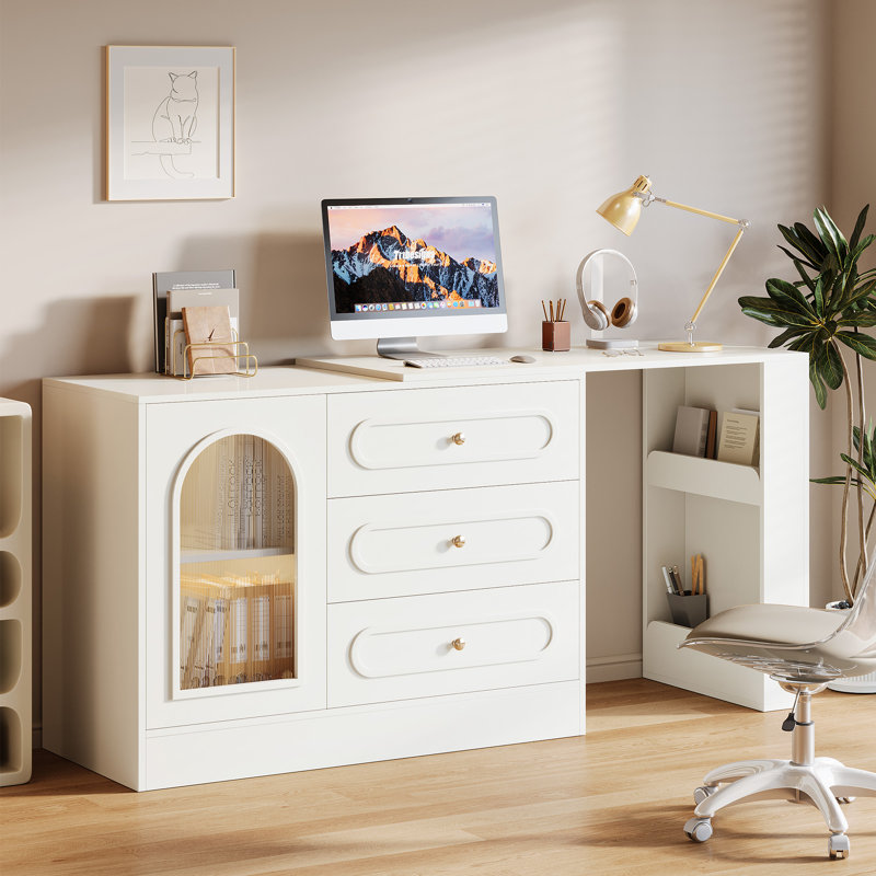 L Shaped Computer Desk with 3 Drawers, Reversible Corner Desk with Cabinet & Shelves for Home Office
