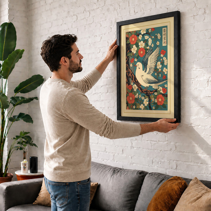 Dove Among Chrysanthemums Japandi - Print, A2 - 59.4 x 42.0 cm, Black